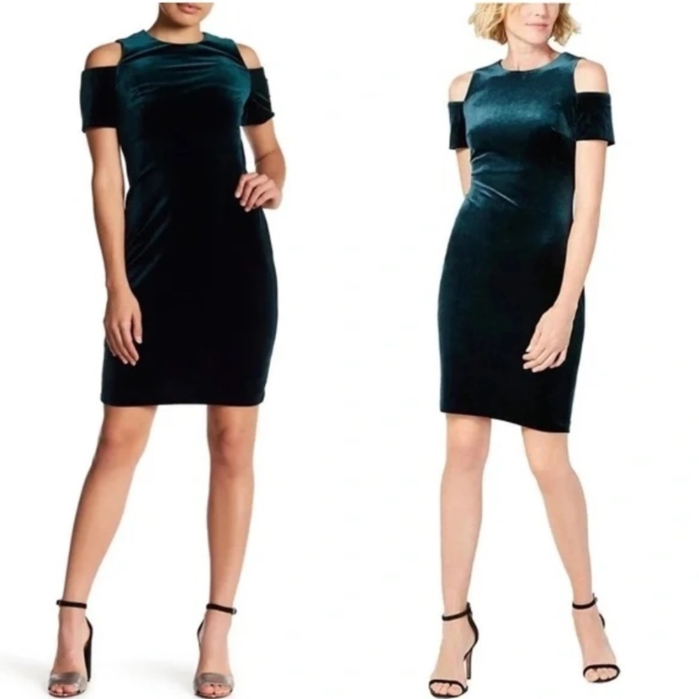Calvin Klein | Cold Shoulder Sleeve Green Velvet Mini Bodycon Dress Size 6